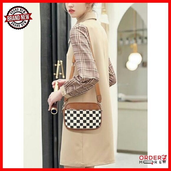 PU Leather Crossbody Bag Adjustable Strap Checkerboard Plaid Handbag - Picture 3 of 7